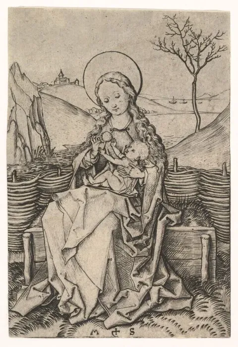Framed Print : Virgin and Child on a Grassy Bench, ca. 1435-1491. Creator: Martin Schongauer Framed Print : Virgin and Child on a Grassy Bench, ca. 1435-1491. Creator: Martin Schongauer