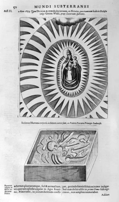 Framed Print : Virgin and child and a human skeleton, 1678. Artist: Athanasius Kircher Framed Print : Virgin and child and a human skeleton, 1678. Artist: Athanasius Kircher