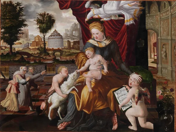 Framed Print : Virgin and Child with the Infant St. John and two angels, 1552. Creator: Lorck (Lorch), Melchior (ca. 1527-after 1594) Framed Print : Virgin and Child with the Infant St. John and two angels, 1552. Creator: Lorck (Lorch), Melchior (ca. 1527-after 1594)