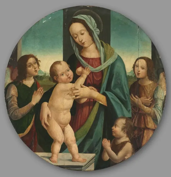 Framed Print : Virgin and Child with John the Baptist and Angels, c. 1500. Creator: Pietro del Donzello (Italian Framed Print : Virgin and Child with John the Baptist and Angels, c. 1500. Creator: Pietro del Donzello (Italian
