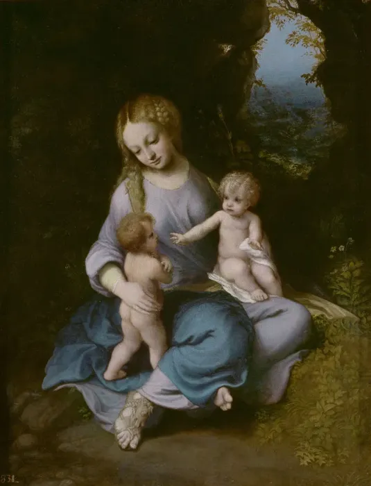 Framed Print : Virgin and child with John the Baptist as a Boy. Artist: Correggio (1489-1534) Framed Print : Virgin and child with John the Baptist as a Boy. Artist: Correggio (1489-1534)