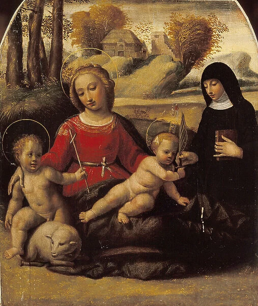 Virgin and child with John the Baptist as a Boy and Saint Scholastica, Early16th cen. Creator: Ortolano (Benvenuti), Giovanni Battista (c. 1480-1525)