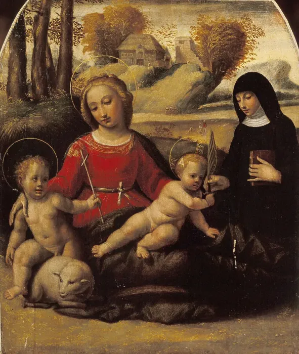 Framed Print : Virgin and child with John the Baptist as a Boy and Saint Scholastica, Early16th cen. Creator: Ortolano (Benvenuti), Giovanni Battista (c. 1480-1525) Framed Print : Virgin and child with John the Baptist as a Boy and Saint Scholastica, Early16th cen. Creator: Ortolano (Benvenuti), Giovanni Battista (c. 1480-1525)