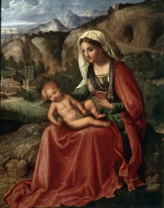 Framed Print : The Virgin and Child in a Landscape, c1503. Artist: Giorgione Framed Print : The Virgin and Child in a Landscape, c1503. Artist: Giorgione