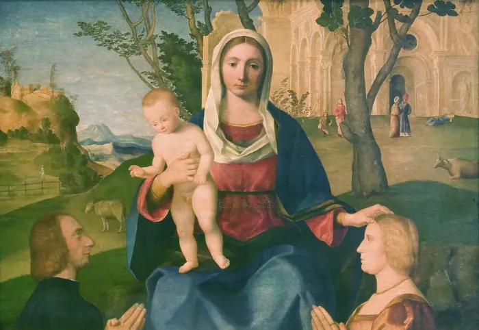 Framed Print : The Virgin and Child with a Male and a Female Donor, 1485-1531. Creator: Vincenzo Di Biagio Catena