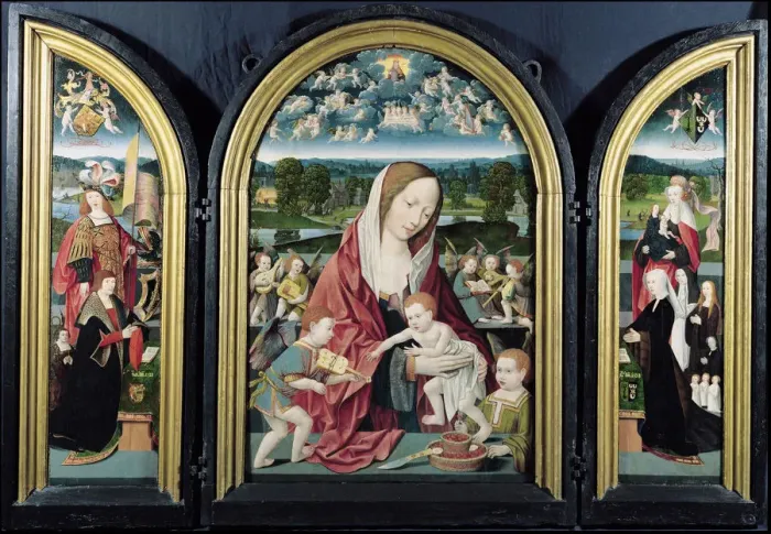 Framed Print : Virgin and Child with Music-Making Angels and the Sampsons-Coolen family, Triptych, 1500-1525. Artist: Cornelisz van Oostsanen, Jacob (ca. 1470-1533) Framed Print : Virgin and Child with Music-Making Angels and the Sampsons-Coolen family, Triptych, 1500-1525. Artist: Cornelisz van Oostsanen, Jacob (ca. 1470-1533)