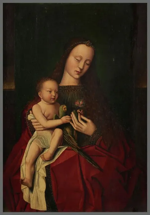 Framed Print : Virgin and Child with a Parrot, after Jan van Eyck. Creator: Unknown Framed Print : Virgin and Child with a Parrot, after Jan van Eyck. Creator: Unknown