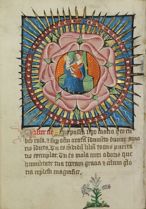 Framed Print : The Virgin and Child in a Pink Rose with a White Lily; Illustrated Vita Christi... about 1480-1490. Creator: Unknown Framed Print : The Virgin and Child in a Pink Rose with a White Lily; Illustrated Vita Christi... about 1480-1490. Creator: Unknown
