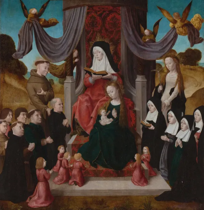 Framed Print : The Virgin and Child with Saint Anne (Anna Selbdritt), Saints Francis, Lidwina and donors, c. 1490-1 Artist: Netherlandish master Framed Print : The Virgin and Child with Saint Anne (Anna Selbdritt), Saints Francis, Lidwina and donors, c. 1490-1 Artist: Netherlandish master