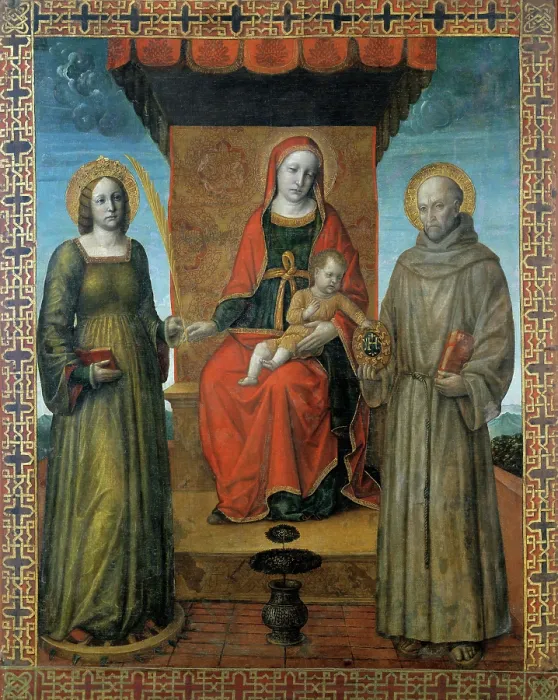 Framed Print : The Virgin and Child between Saint Catherine of Alexandria and Saint Bernardino of Siena, 1514. Creator: Foppa, Vincenzo (active 1456-1516) Framed Print : The Virgin and Child between Saint Catherine of Alexandria and Saint Bernardino of Siena, 1514. Creator: Foppa, Vincenzo (active 1456-1516)