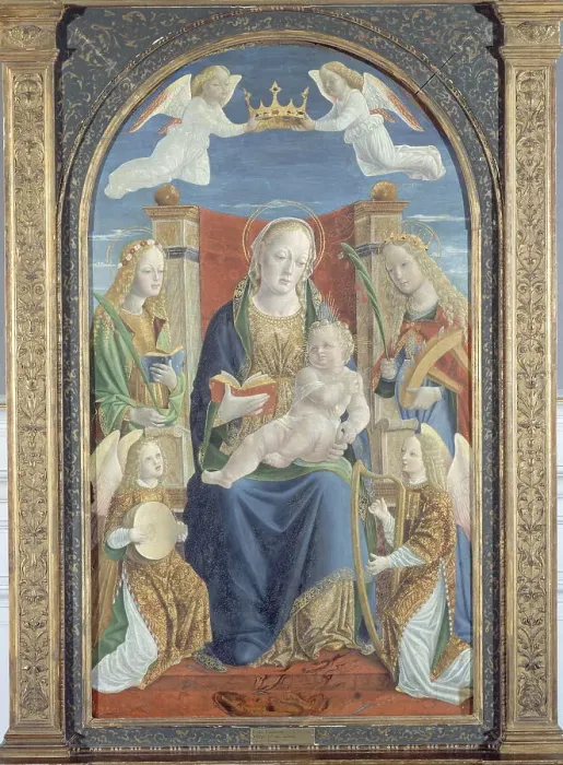 Framed Print : Virgin and Child, with Saint Dorothea, Saint Catherine and two angel musicians, c.1500. Creator: Unknown Framed Print : Virgin and Child, with Saint Dorothea, Saint Catherine and two angel musicians, c.1500. Creator: Unknown