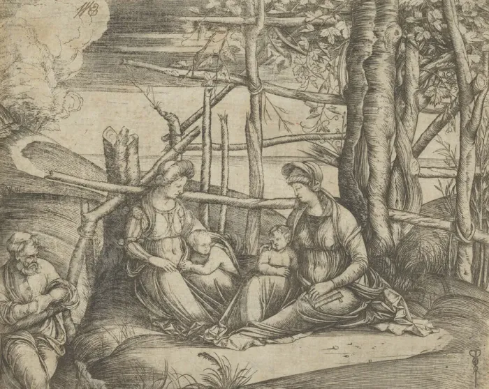 Framed Print : The Virgin and Child with Saint Elizabeth and John the Baptist in a landscape, St Jose... ca. 1503. Creator: Jacopo de Barbari Framed Print : The Virgin and Child with Saint Elizabeth and John the Baptist in a landscape, St Jose... ca. 1503. Creator: Jacopo de Barbari