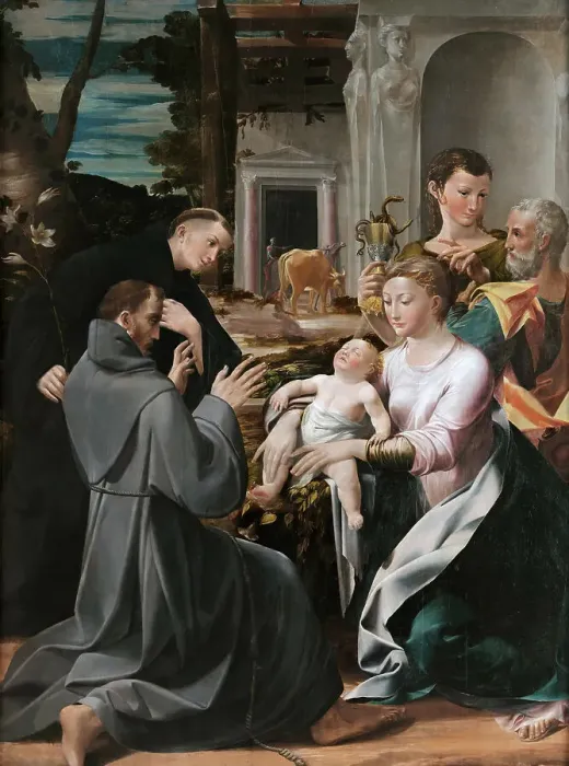Framed Print : The Virgin and Child with Saint Joseph adored by Saints Anthony of Padua, Francis of Assisi... 1537 Creator: Mazzola Bedoli, Girolamo (c. 1500-1569) Framed Print : The Virgin and Child with Saint Joseph adored by Saints Anthony of Padua, Francis of Assisi... 1537 Creator: Mazzola Bedoli, Girolamo (c. 1500-1569)