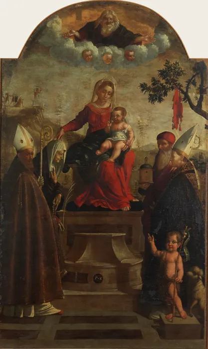 Framed Print : Virgin and Child between Saints, 1540. Creator: Caroto, Giovan Francesco (c. 1480-1555) Framed Print : Virgin and Child between Saints, 1540. Creator: Caroto, Giovan Francesco (c. 1480-1555)