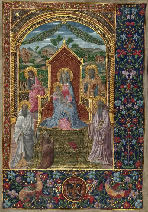Framed Print : Virgin and Child with saints, 20th-century painting on 14th-century antiphonary. Creator: Venetian Forger Framed Print : Virgin and Child with saints, 20th-century painting on 14th-century antiphonary. Creator: Venetian Forger