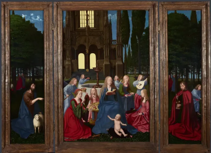 Framed Print : The Virgin and Child with Saints and Angels in a Garden, c. 1500. Artist: Netherlandish master Framed Print : The Virgin and Child with Saints and Angels in a Garden, c. 1500. Artist: Netherlandish master