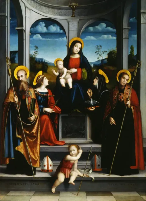Framed Print : Virgin and Child with Saints Benedict, Justina, Placidus and Scholastica, ca 1515. Artist: Francia, Francesco (1450-1517) Framed Print : Virgin and Child with Saints Benedict, Justina, Placidus and Scholastica, ca 1515. Artist: Francia, Francesco (1450-1517)