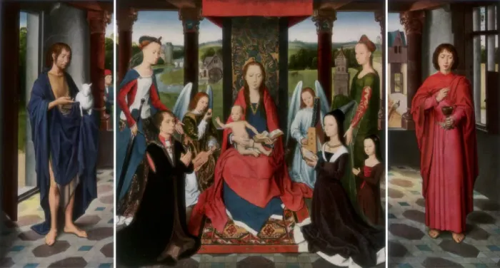 Framed Print : The Virgin and Child with Saints and Donors (The Donne Triptych), c1478 (1927). Artist: Dirck Bouts Framed Print : The Virgin and Child with Saints and Donors (The Donne Triptych), c1478 (1927). Artist: Dirck Bouts