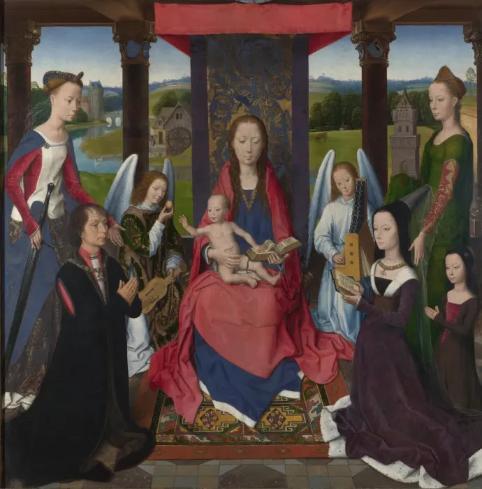 Framed Print : The Virgin and Child with Saints and Donors (The Donne Triptych). The central panel, ca 1478 Framed Print : The Virgin and Child with Saints and Donors (The Donne Triptych). The central panel, ca 1478
