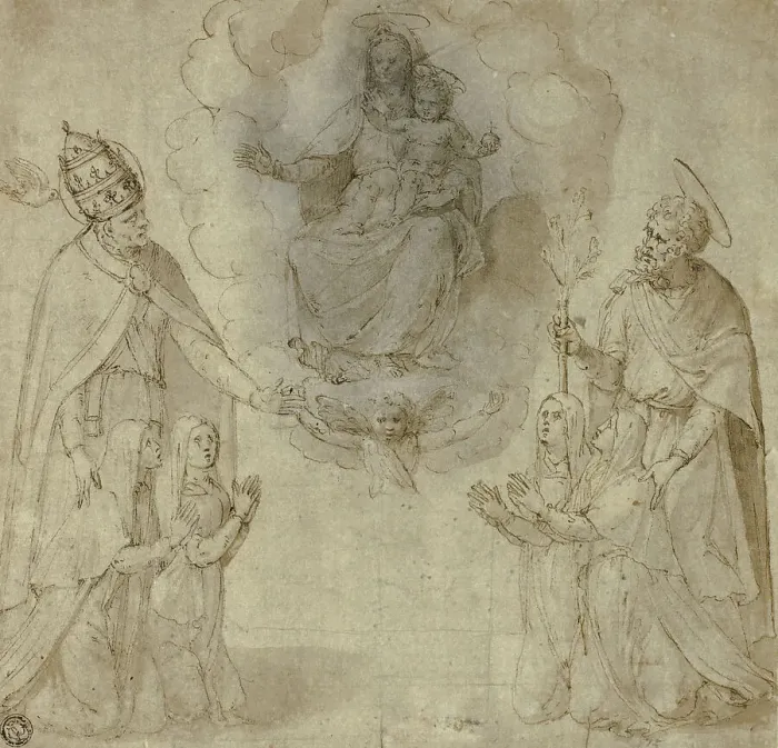 Framed Print : Virgin and Child before Saints Fabianus (or Gregory the Great) and Joseph, 1530 / 50. Creator: Unknown Framed Print : Virgin and Child before Saints Fabianus (or Gregory the Great) and Joseph, 1530 / 50. Creator: Unknown