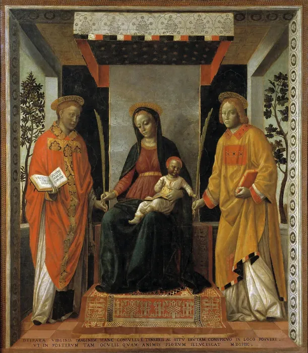 Framed Print : Virgin with Child between Saints Faustinus and Jovita, c 1502-1507. Creator: Foppa, Vincenzo (active 1456-1516) Framed Print : Virgin with Child between Saints Faustinus and Jovita, c 1502-1507. Creator: Foppa, Vincenzo (active 1456-1516)