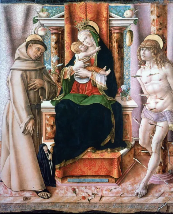 Framed Print : The Virgin and Child with Saints Francis and Sebastian, 1491. Artist: Carlo Crivelli Framed Print : The Virgin and Child with Saints Francis and Sebastian, 1491. Artist: Carlo Crivelli
