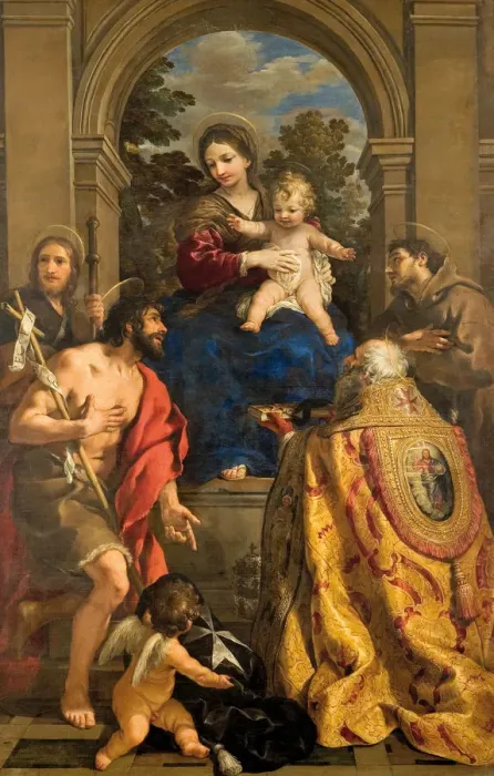 Framed Print : Virgin and child with Saints James, John the Baptist, Pope Stephen I and Francis Framed Print : Virgin and child with Saints James, John the Baptist, Pope Stephen I and Francis