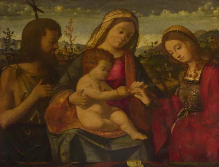 Framed Print : The Virgin and Child with Saints John the Baptist and Catherine, 1504. Artist: Previtali, Andrea (ca 1480-1528) Framed Print : The Virgin and Child with Saints John the Baptist and Catherine, 1504. Artist: Previtali, Andrea (ca 1480-1528)