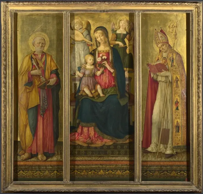 Framed Print : Virgin and Child with Saints Peter and Nicholas, 1479. Artist: Benvenuto di Giovanni (ca. 1436-1518)