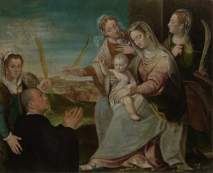 Framed Print : Virgin and child with Sants Catherine, Lucy, Justina of Padua and a Benedictine monk. Artist: Varotari, Dario, the Elder (1539-1596) Framed Print : Virgin and child with Sants Catherine, Lucy, Justina of Padua and a Benedictine monk. Artist: Varotari, Dario, the Elder (1539-1596)