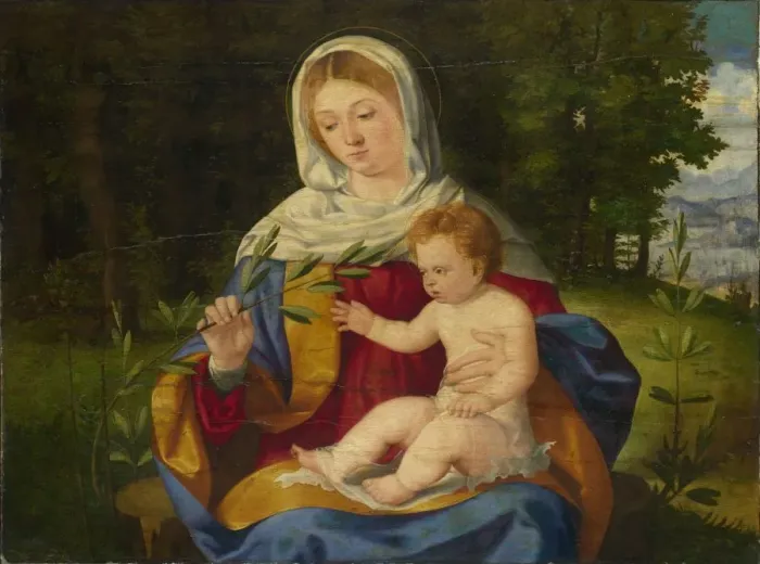 Framed Print : The Virgin and Child with a Shoot of Olive, ca 1515. Artist: Previtali, Andrea (ca 1480-1528) Framed Print : The Virgin and Child with a Shoot of Olive, ca 1515. Artist: Previtali, Andrea (ca 1480-1528)