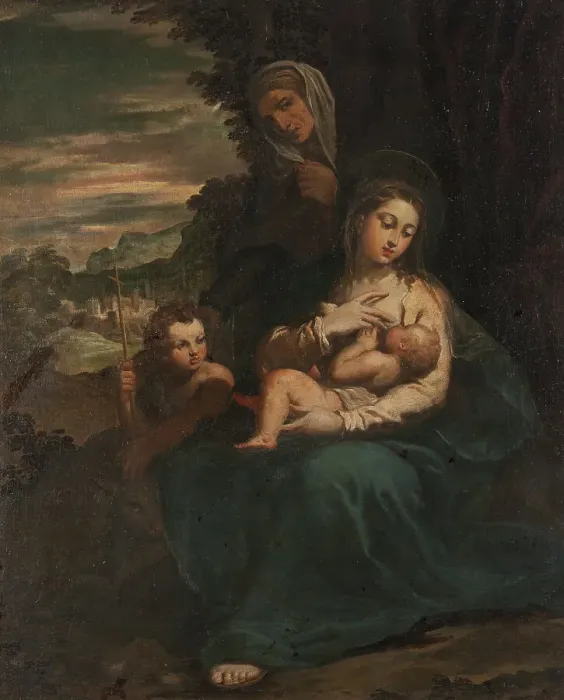 Framed Print : The Virgin and Child with St Elizabeth and the Infant St John. Creator: Scarsellino Framed Print : The Virgin and Child with St Elizabeth and the Infant St John. Creator: Scarsellino