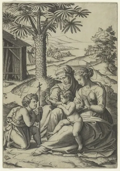 Framed Print : The Virgin and Child with St. Elizabeth and John the Baptist, called The Virgin of... ca. 1520-25. Creator: Marcantonio Raimondi Framed Print : The Virgin and Child with St. Elizabeth and John the Baptist, called The Virgin of... ca. 1520-25. Creator: Marcantonio Raimondi