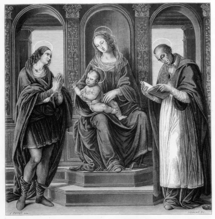 Framed Print : The Virgin and Child with St Julian and St Nicholas of Myra, 1490-1492 (1870). Artist: Hebert Framed Print : The Virgin and Child with St Julian and St Nicholas of Myra, 1490-1492 (1870). Artist: Hebert