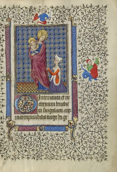Framed Print : The Virgin and Child and a Woman in Prayer; Book of Hours, about 1410. Creator: Unknown Framed Print : The Virgin and Child and a Woman in Prayer; Book of Hours, about 1410. Creator: Unknown