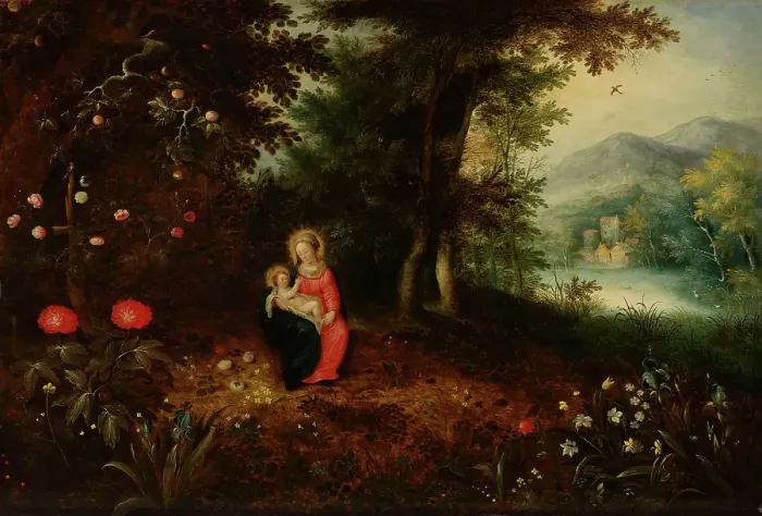 Framed Print : Virgin and Child in a Wooded Landscape, about 1615-1620. Creators: Abraham Govaerts, Ambrosius Francken II