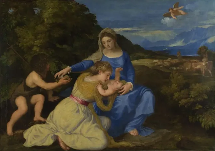 Framed Print : The Virgin and Child with the young Saint John the Baptist (The Aldobrandini Madonna), ca 1532. Artist: Titian (1488-1576) Framed Print : The Virgin and Child with the young Saint John the Baptist (The Aldobrandini Madonna), ca 1532. Artist: Titian (1488-1576)