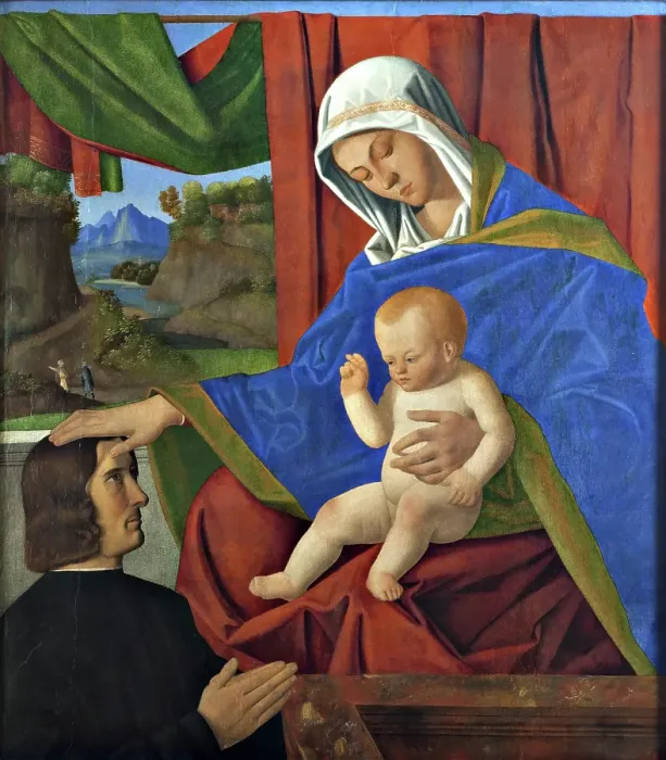 Framed Print : The Virgin with the Christ Child and a donor, n.d. c1460-1500. Creator: Francesco di Simone da Santacroce Framed Print : The Virgin with the Christ Child and a donor, n.d. c1460-1500. Creator: Francesco di Simone da Santacroce