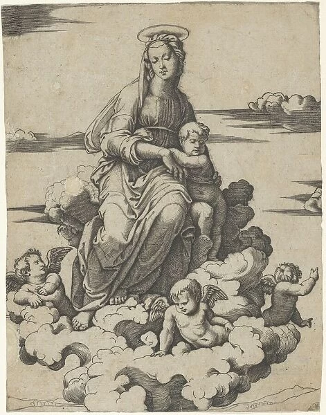 The Virgin and the Christ Child seated on clouds, ca. 1500-1534. Creator: Marcantonio Raimondi