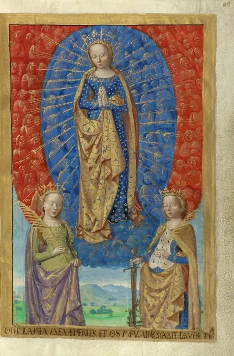 Framed Print : The Virgin in a Cloud of Angels, with Saints Barbara and Catherine; Poncher Hours, about 1500. Creator: Master of the Chronique Scandaleuse