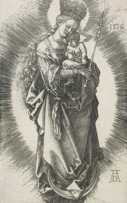 Framed Print : The Virgin on the crescent with a sceptre and a starry crown, 1516. Creator: Albrecht Durer Framed Print : The Virgin on the crescent with a sceptre and a starry crown, 1516. Creator: Albrecht Durer