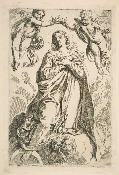 Framed Print : The Virgin being crowned by two angels, copy after Cantarini, 17th century