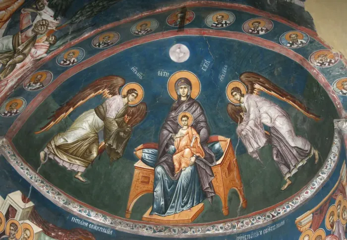 Framed Print : The Virgin Enthroned with Christ Emmanuel with Archangels Michael und Gabriel, 14th century. Artist: Anonymous Framed Print : The Virgin Enthroned with Christ Emmanuel with Archangels Michael und Gabriel, 14th century. Artist: Anonymous