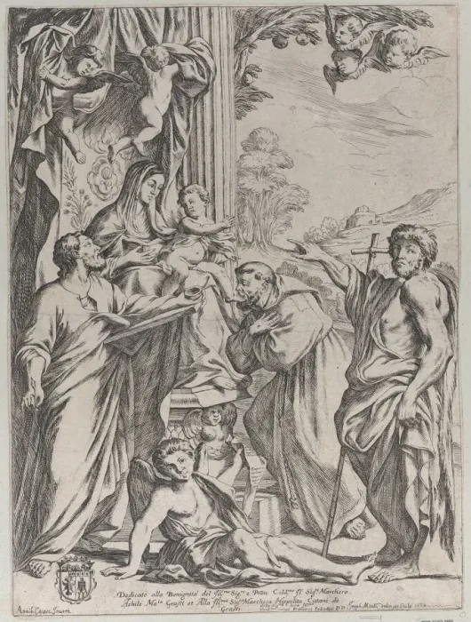 Framed Print : The Virgin Enthroned with Three Saints, 1668. Creator: Giuseppe Maria Mitelli Framed Print : The Virgin Enthroned with Three Saints, 1668. Creator: Giuseppe Maria Mitelli