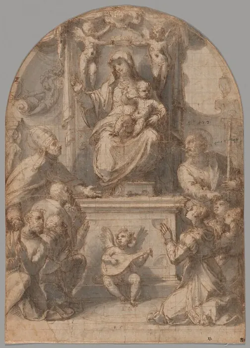 Framed Print : The Virgin Enthroned with Saints Gregory and James, and a Family of Donors, 1535 / 36. Creator: Perino del Vaga