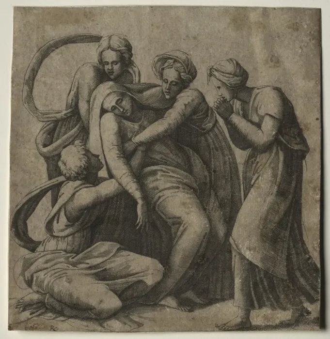 Framed Print : The Virgin Fainting in the Arms of Three Holy Women. Creator: Giulio Bonasone (Italian, c Framed Print : The Virgin Fainting in the Arms of Three Holy Women. Creator: Giulio Bonasone (Italian, c