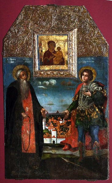 The Virgin Hodegetria of Smolensk with Saints Abraham of Smolensk und Mercurius of Smolensk, 1722. Artist: Russian icon