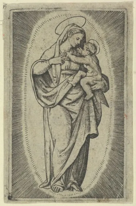 Framed Print : The Virgin holding the Christ Child, ca. 1500-1527. Creator: Marcantonio Raimondi Framed Print : The Virgin holding the Christ Child, ca. 1500-1527. Creator: Marcantonio Raimondi