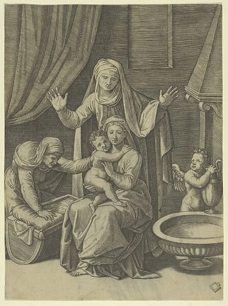 The Virgin holding the Christ Child, St Anne standing above with arms outstretched, St... ca. 1520. Creator: Marcantonio Raimondi