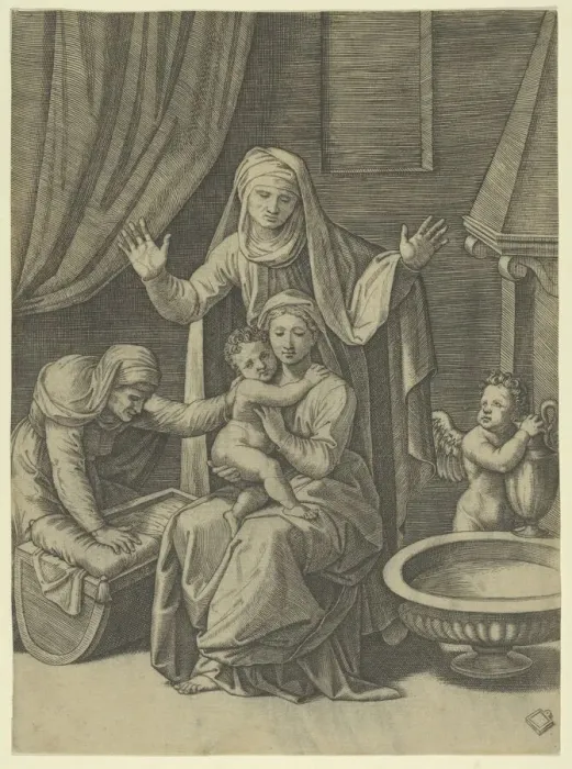 Framed Print : The Virgin holding the Christ Child, St Anne standing above with arms outstretched, St... ca. 1520. Creator: Marcantonio Raimondi Framed Print : The Virgin holding the Christ Child, St Anne standing above with arms outstretched, St... ca. 1520. Creator: Marcantonio Raimondi